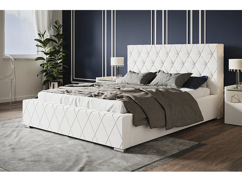 Lit rembourré Berlin avec tête de lit, 140x200 cm, lit double avec coffre de rangement et sommier à lattes en bois, similicuir, couleur : blanc