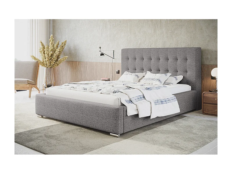 Lit rembourré RIO avec tête de lit, 140x200 cm, lit double avec coffre de rangement et sommier à lattes en bois, tissu structuré, couleur : gris clair