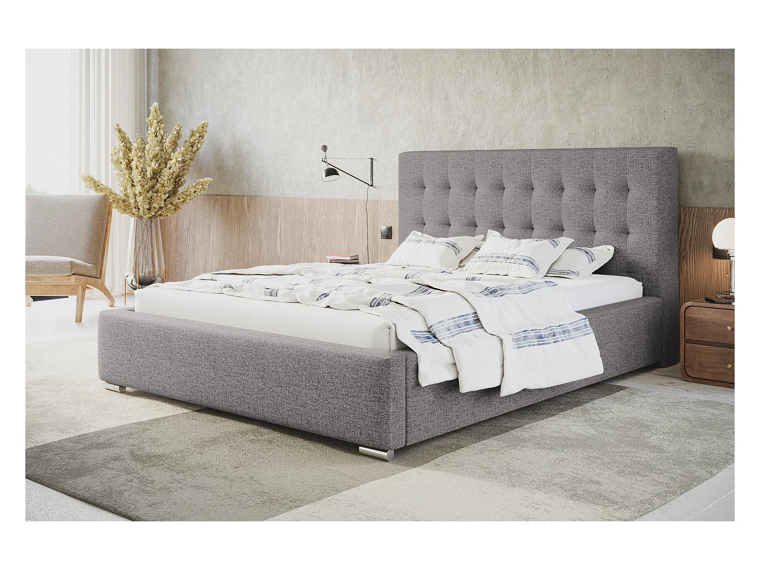 Lit rembourré RIO avec tête de lit, 140x200 cm, lit double avec coffre de rangement et sommier à lattes en bois, tissu structuré, couleur : gris clair