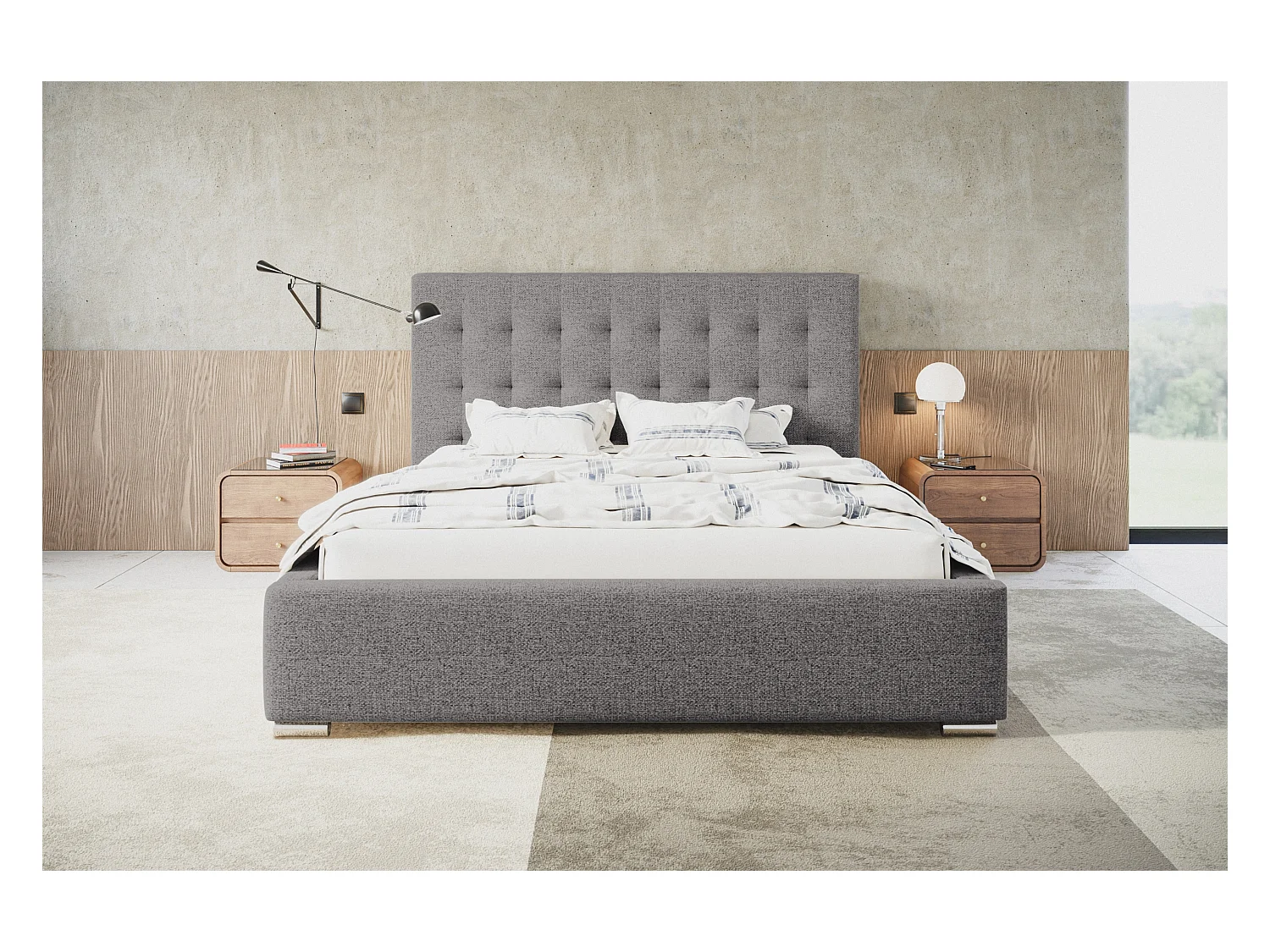 Lit rembourré RIO avec tête de lit, 140x200 cm, lit double avec coffre de rangement et sommier à lattes en bois, tissu structuré, couleur : gris clair