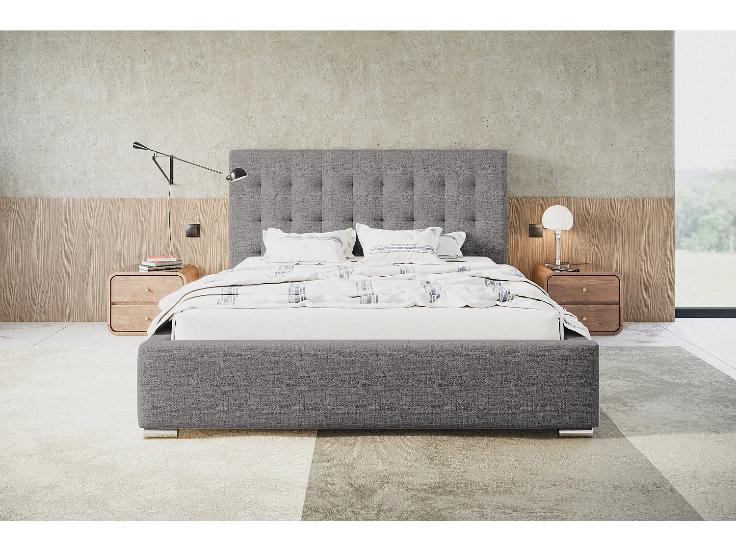 Lit rembourré RIO avec tête de lit, 140x200 cm,  avec coffre de rangement et sommier à lattes en bois, tissu structuré, couleur: gris clair