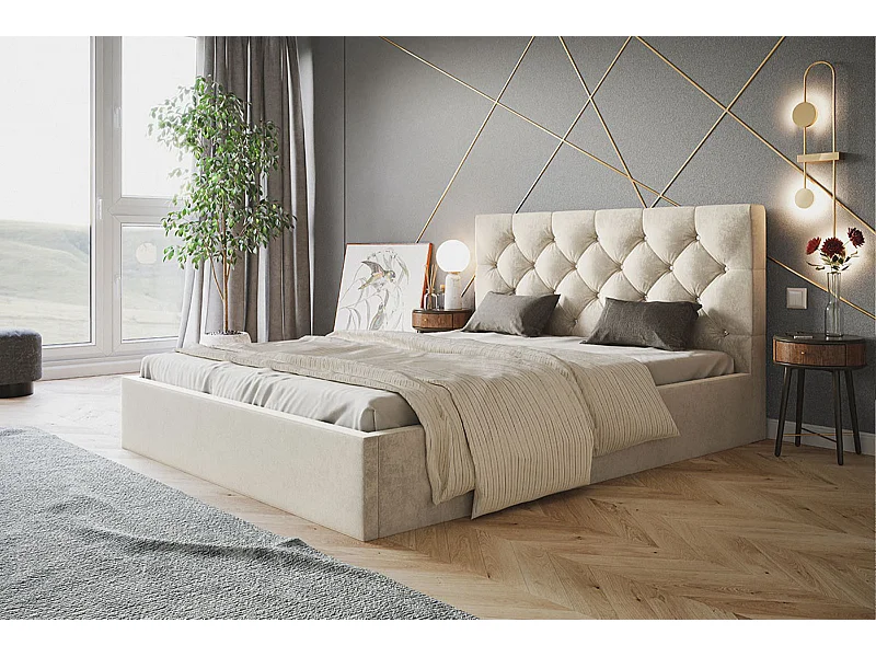 Lit rembourré BOSTON SLIM avec tête de lit, 140 x 200 cm, lit double avec coffre de rangement et sommier à lattes en bois, couleur : beige, tissu velours