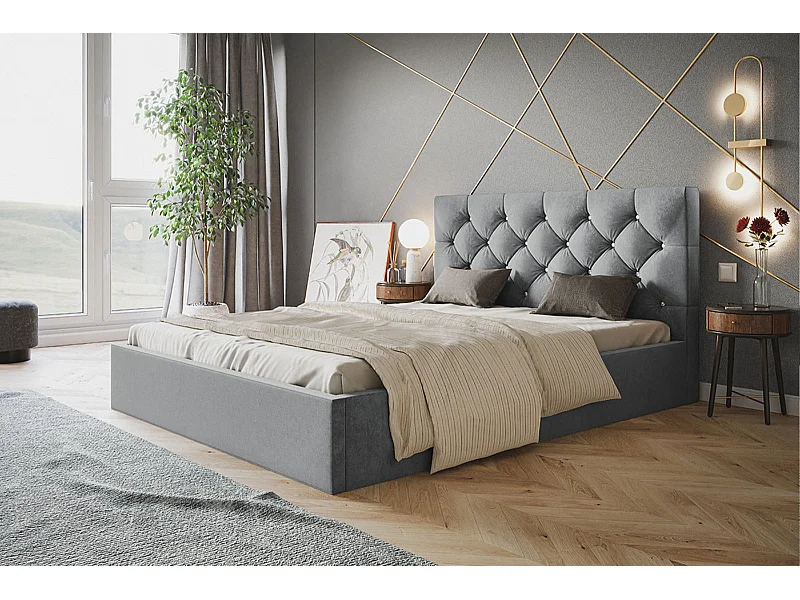 Lit rembourré BOSTON SLIM avec tête de lit, 140 x 200 cm, lit double avec coffre de rangement et sommier à lattes en bois, couleur : gris, tissu velours