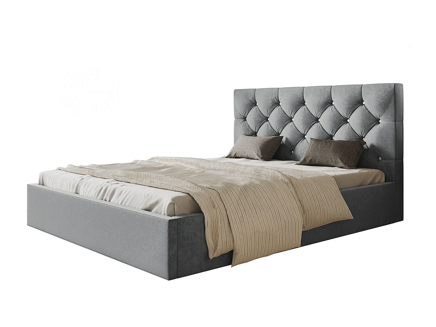 Lit rembourré BOSTON SLIM avec tête de lit, 140 x 200 cm, lit double avec coffre de rangement et sommier à lattes en bois, couleur : gris, tissu velours