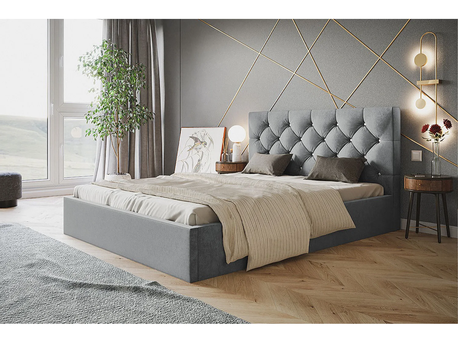 Lit rembourré BOSTON SLIM avec tête de lit, 140x200 cm, avec coffre de rangement et sommier à lattes en bois, couleur: gris, tissu velours