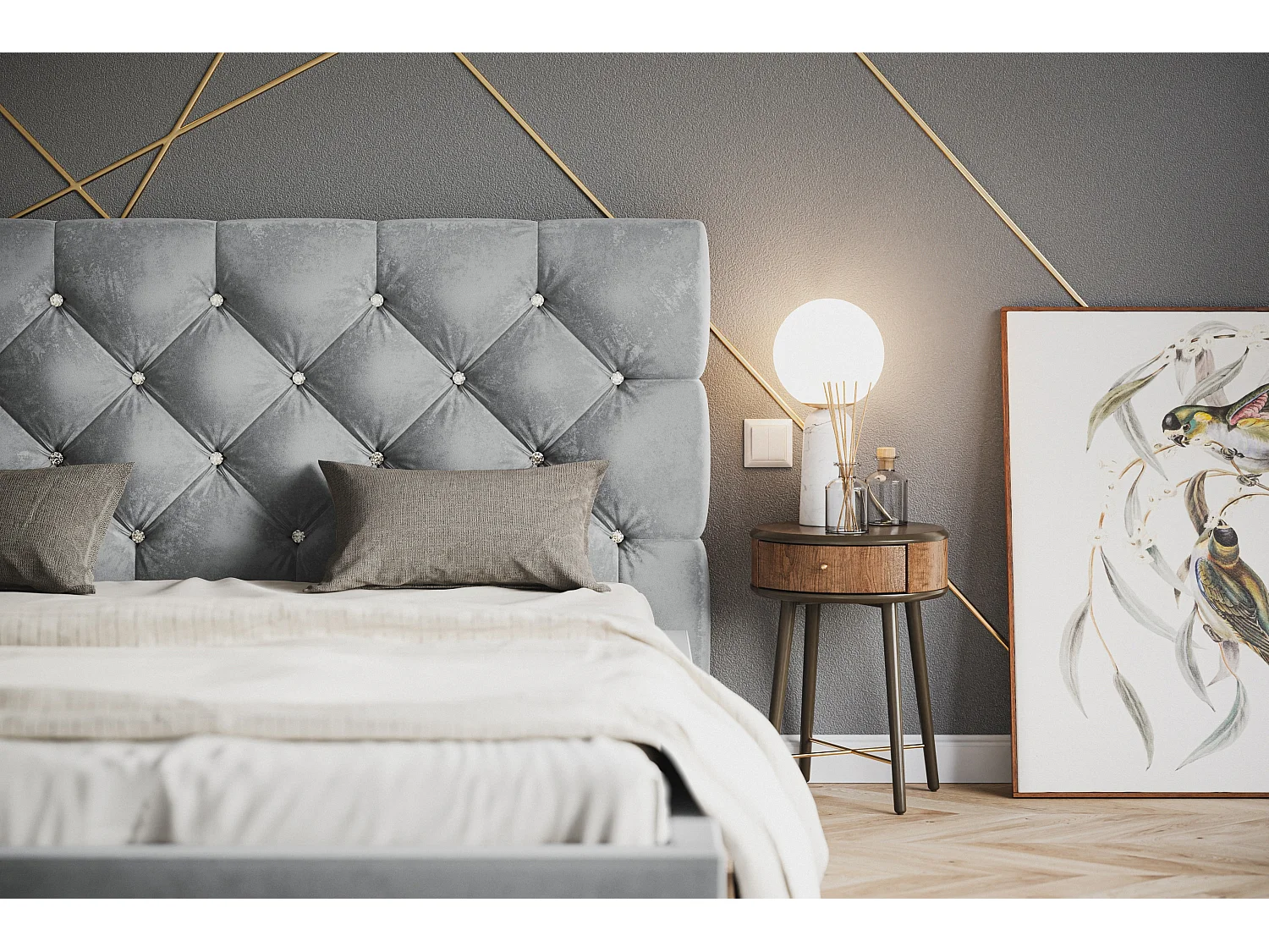Lit rembourré BOSTON SLIM avec tête de lit, 140x200 cm, avec coffre de rangement et sommier à lattes en bois, couleur: gris, tissu velours