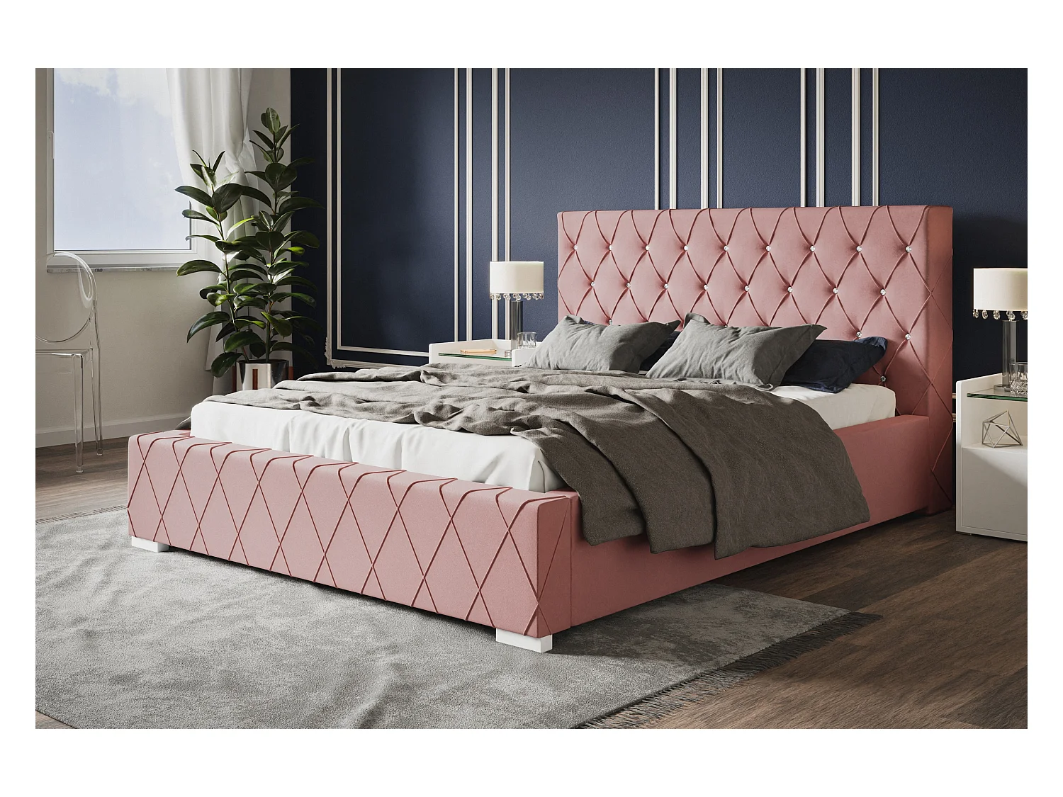 Lit rembourré Berlin avec tête de lit, 140x200 cm, lit double avec coffre de rangement et sommier à lattes en bois, tissu velours, couleur : rose