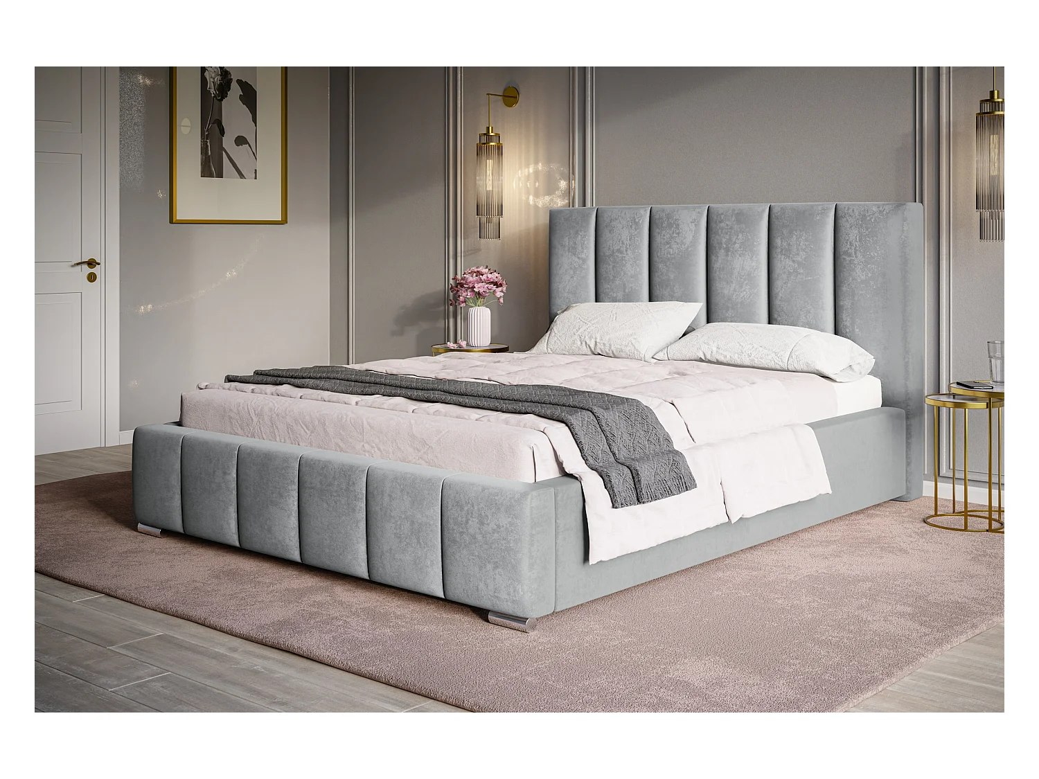 Lit rembourré Tokio avec tête de lit, 180x200 cm, lit double avec coffre de rangement et sommier à lattes en bois, tissu velours, couleur : gris