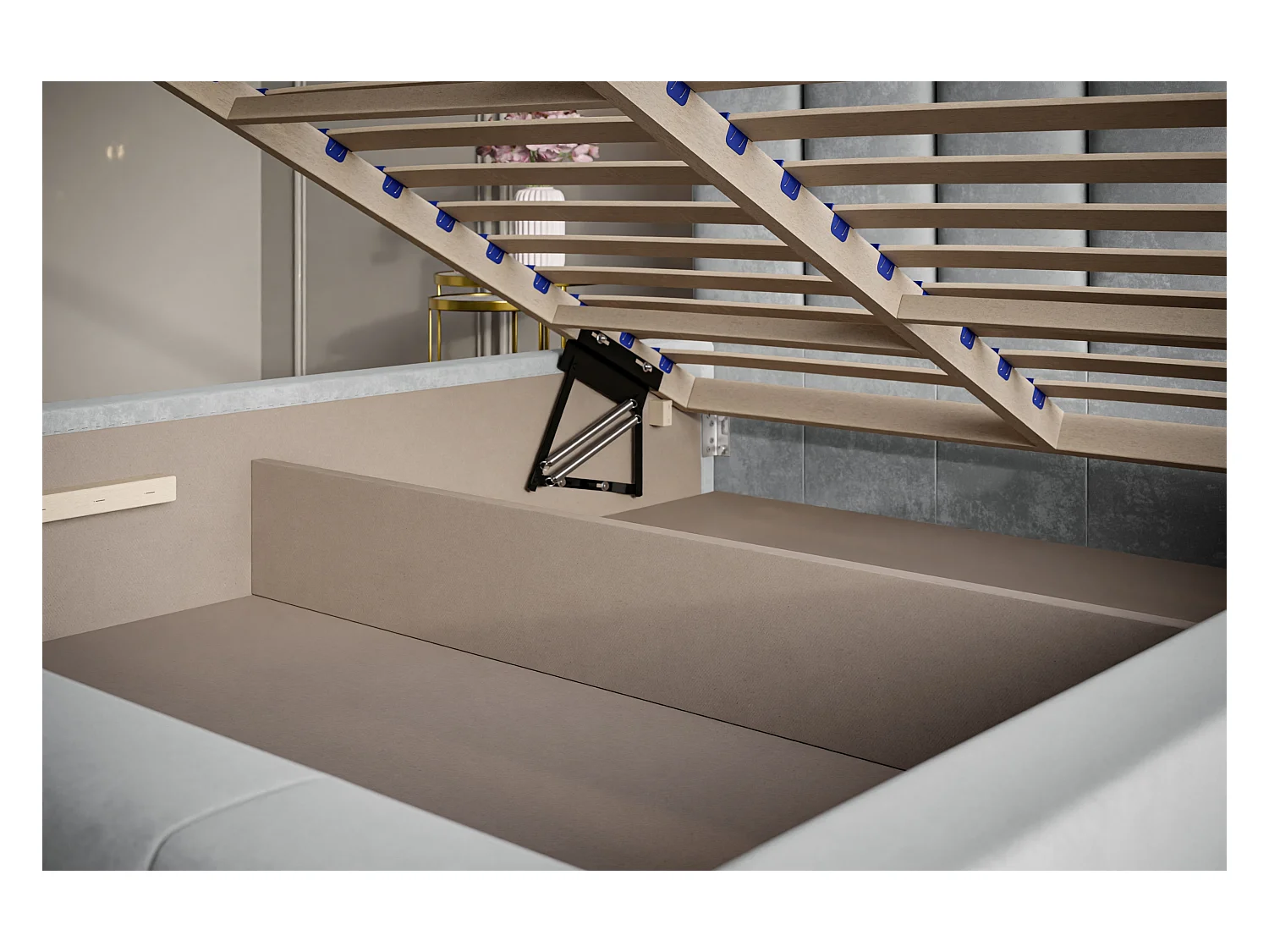 Lit rembourré Tokio avec tête de lit, 180x200 cm, lit double avec coffre de rangement et sommier à lattes en bois, tissu velours, couleur : gris