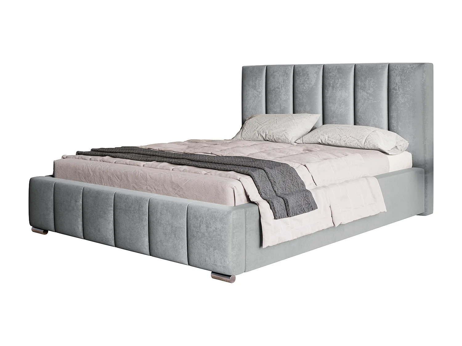 Lit rembourré Tokio avec tête de lit, 180x200 cm,  avec coffre de rangement et sommier à lattes en bois, tissu velours, couleur: gris