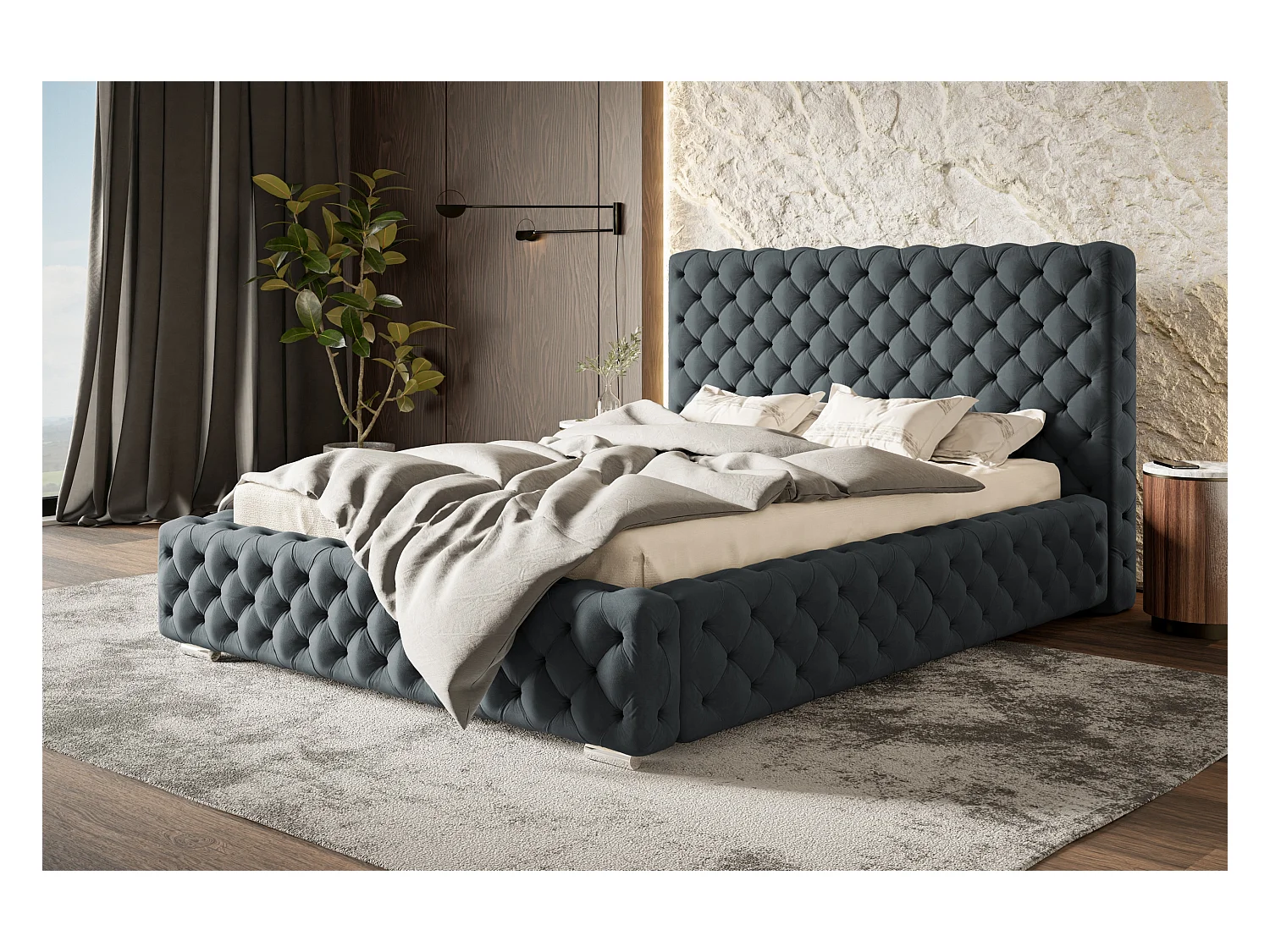 Lit rembourré Miami avec tête de lit, 120x200 cm, lit double avec coffre de rangement et sommier à lattes en bois, tissu velours, couleur : bleu foncé