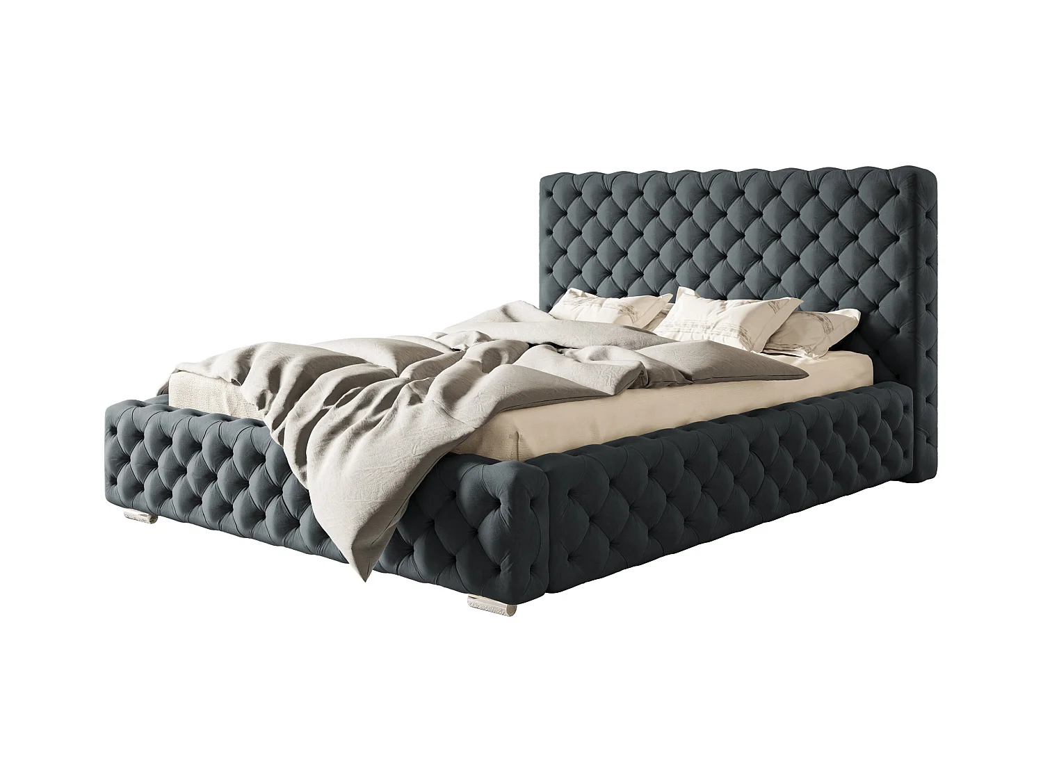 Lit rembourré Miami avec tête de lit, 120x200 cm, lit double avec coffre de rangement et sommier à lattes en bois, tissu velours, couleur : bleu foncé