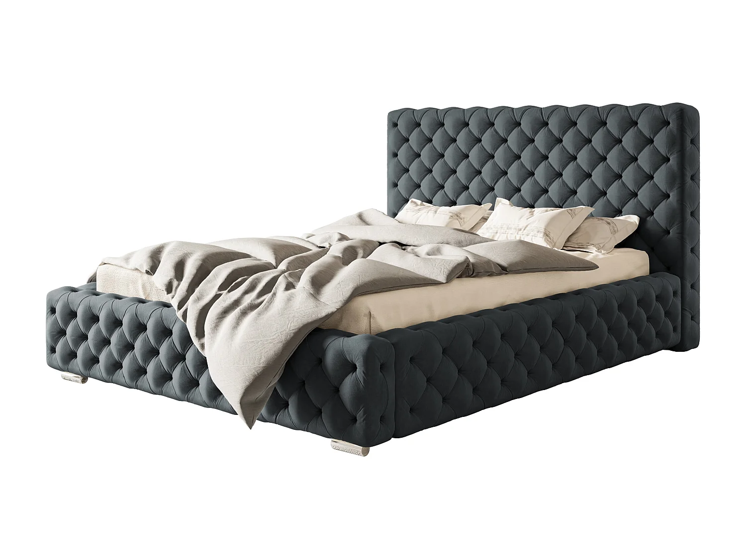 Lit rembourré Miami avec tête de lit, 120x200 cm,  avec coffre de rangement et sommier à lattes en bois, tissu velours, couleur: bleu foncé