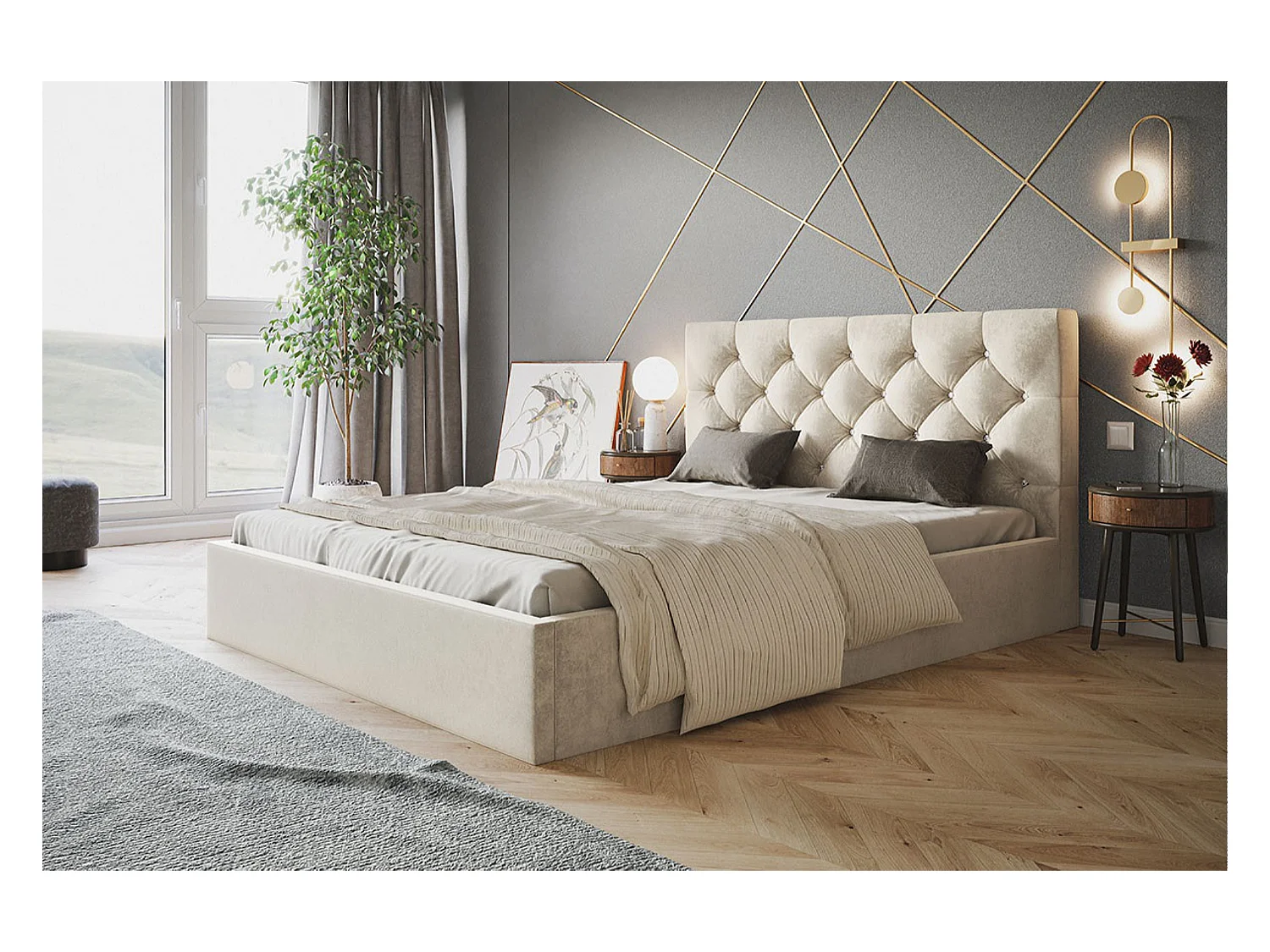 Lit rembourré BOSTON SLIM avec tête de lit, 120 x 200 cm, lit double avec coffre de rangement et sommier à lattes en bois, couleur : beige, tissu velours