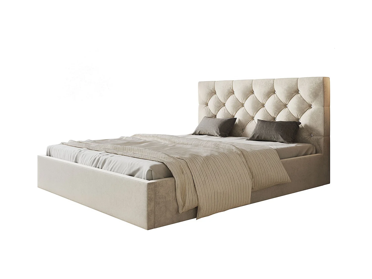 Lit rembourré BOSTON SLIM avec tête de lit, 120 x 200 cm, lit double avec coffre de rangement et sommier à lattes en bois, couleur : beige, tissu velours