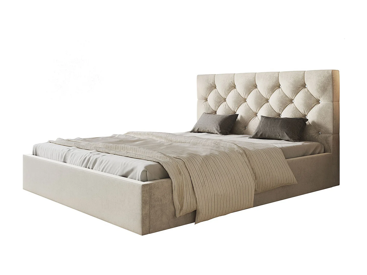 Lit rembourré BOSTON SLIM avec tête de lit, 120 x 200 cm, lit double avec coffre de rangement et sommier à lattes en bois, couleur : beige, tissu velours