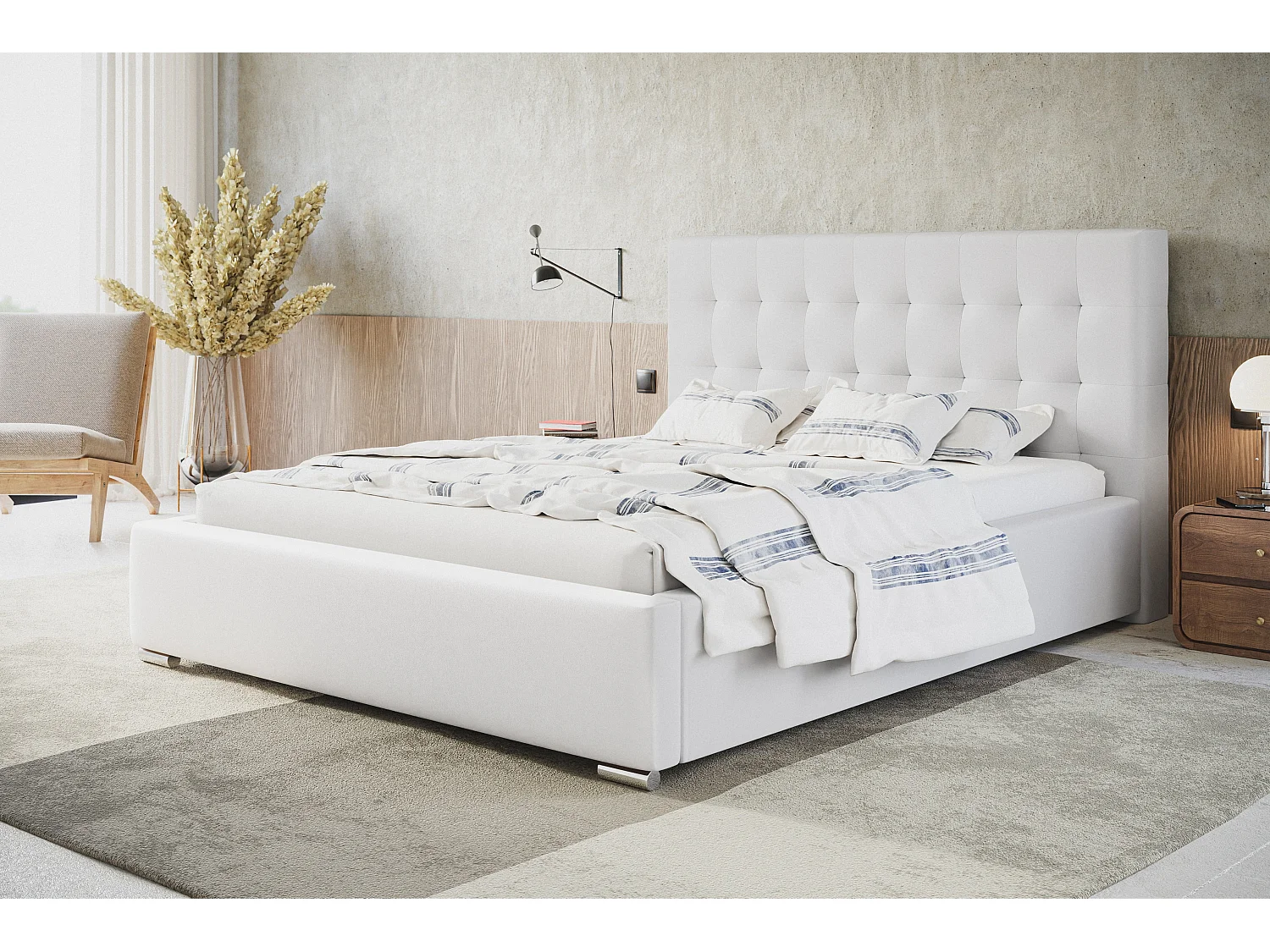 Lit rembourré RIO avec tête de lit, 120x200 cm, lit double avec coffre de rangement et sommier à lattes en bois, similicuir, couleur : blanc