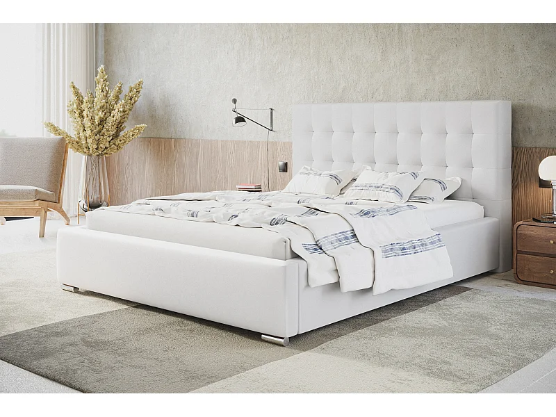 Lit rembourré RIO avec tête de lit, 120x200 cm, lit double avec coffre de rangement et sommier à lattes en bois, similicuir, couleur : blanc
