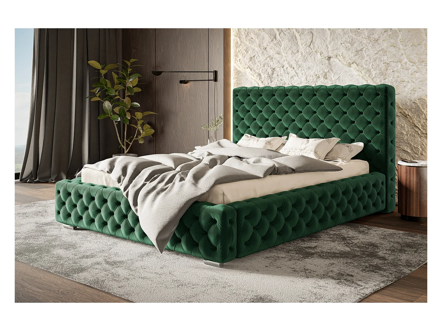 Lit rembourré Miami avec tête de lit, 180x200 cm, lit double avec coffre de rangement et sommier à lattes en bois, tissu velours, couleur : vert