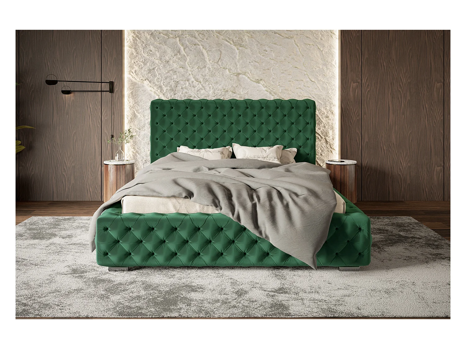 Lit rembourré Miami avec tête de lit, 180x200 cm, lit double avec coffre de rangement et sommier à lattes en bois, tissu velours, couleur : vert