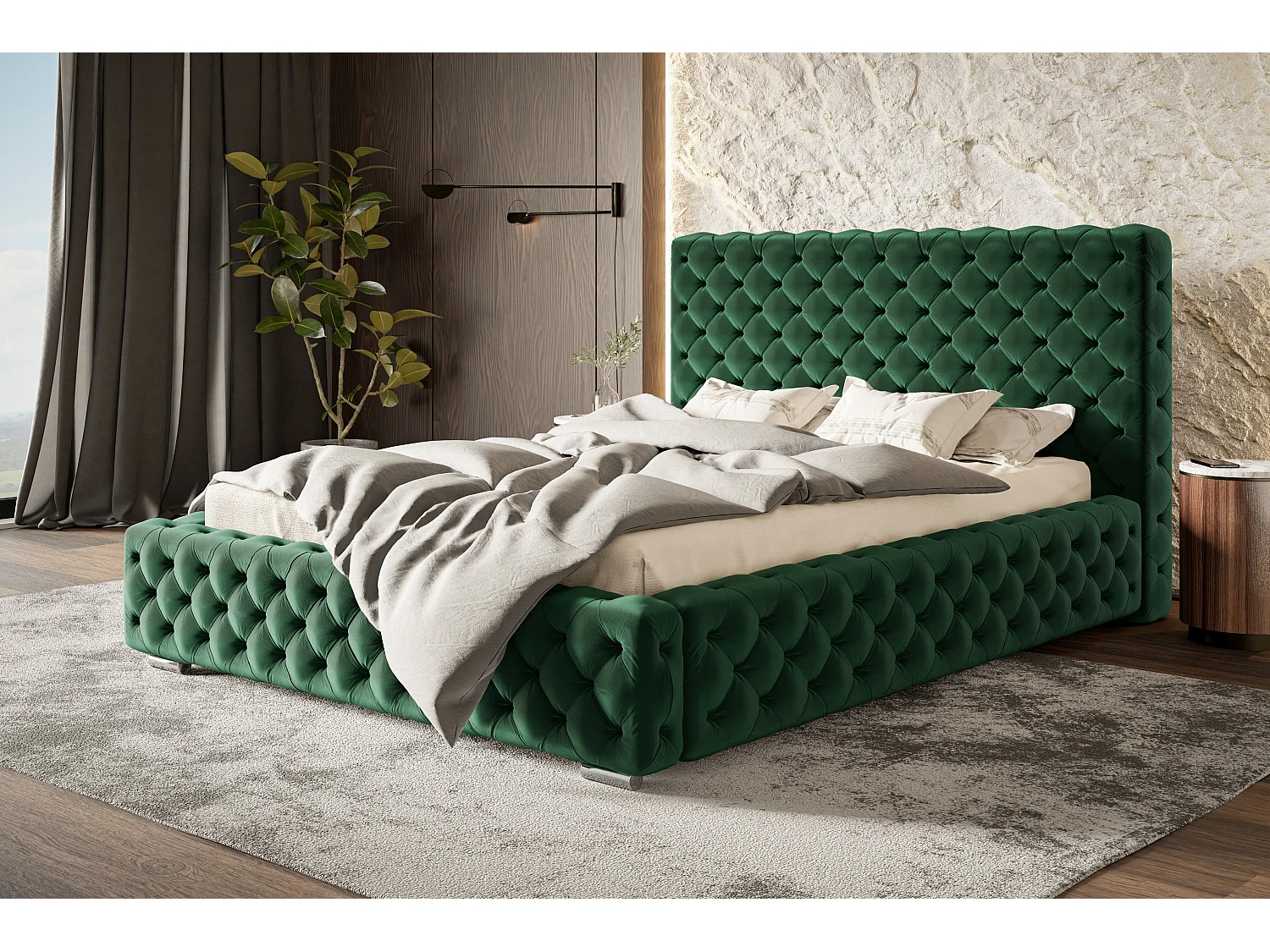 Lit rembourré Miami avec tête de lit, 180x200 cm, lit double avec coffre de rangement et sommier à lattes en bois, tissu velours, couleur : vert