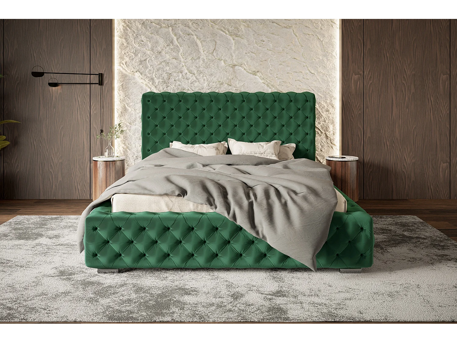 Lit rembourré Miami avec tête de lit, 180x200 cm, lit double avec coffre de rangement et sommier à lattes en bois, tissu velours, couleur : vert