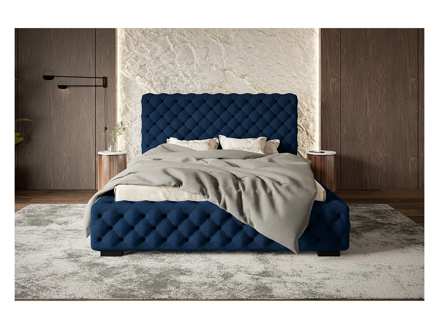Lit rembourré Miami avec tête de lit, 160x200 cm, lit double avec coffre de rangement et sommier à lattes en bois, tissu velours, couleur : gris