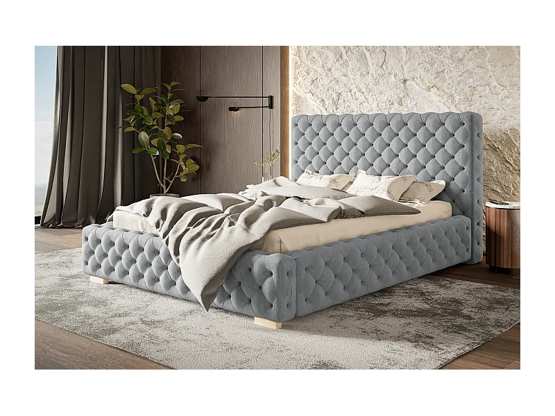 Lit rembourré Miami avec tête de lit, 180x200 cm, lit double avec coffre de rangement et sommier à lattes en bois, tissu velours, couleur : gris foncé