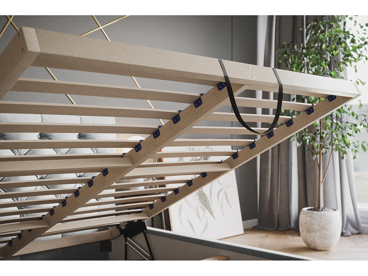 Lit rembourré BOSTON SLIM avec tête de lit, 120 x 200 cm, lit double avec coffre de rangement et sommier à lattes en bois, couleur : bleu foncé, tissu velours