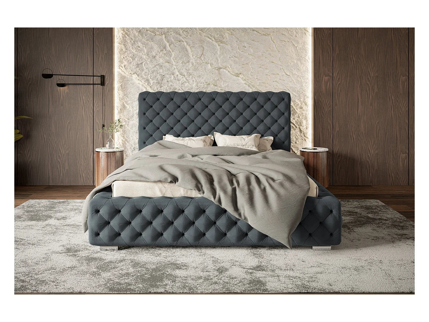 Lit rembourré Miami avec tête de lit, 160x200 cm, lit double avec coffre de rangement et sommier à lattes en bois, tissu velours, couleur : bleu foncé