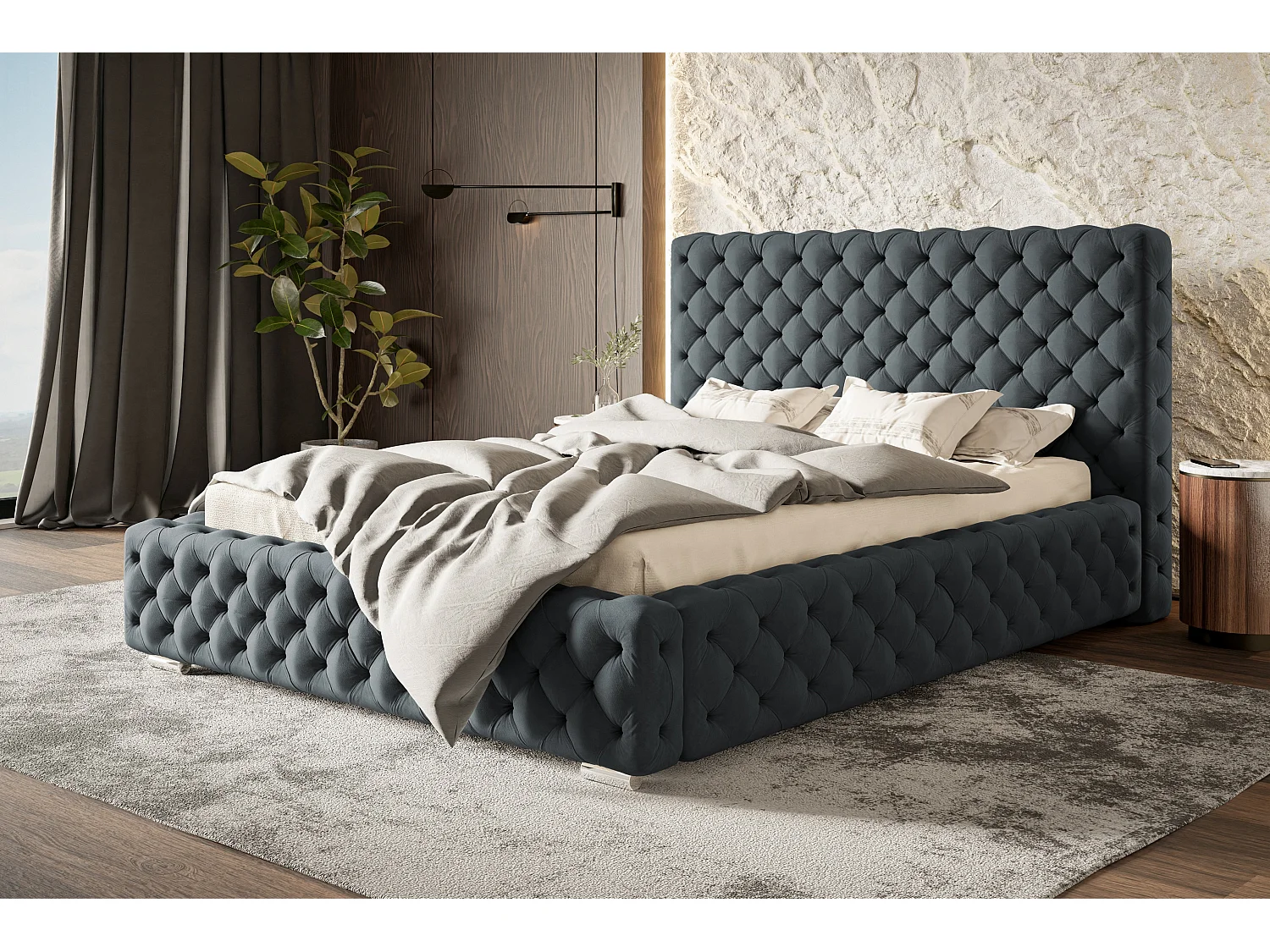 Lit rembourré Miami avec tête de lit, 160x200 cm,  avec coffre de rangement et sommier à lattes en bois, tissu velours, couleur: bleu foncé