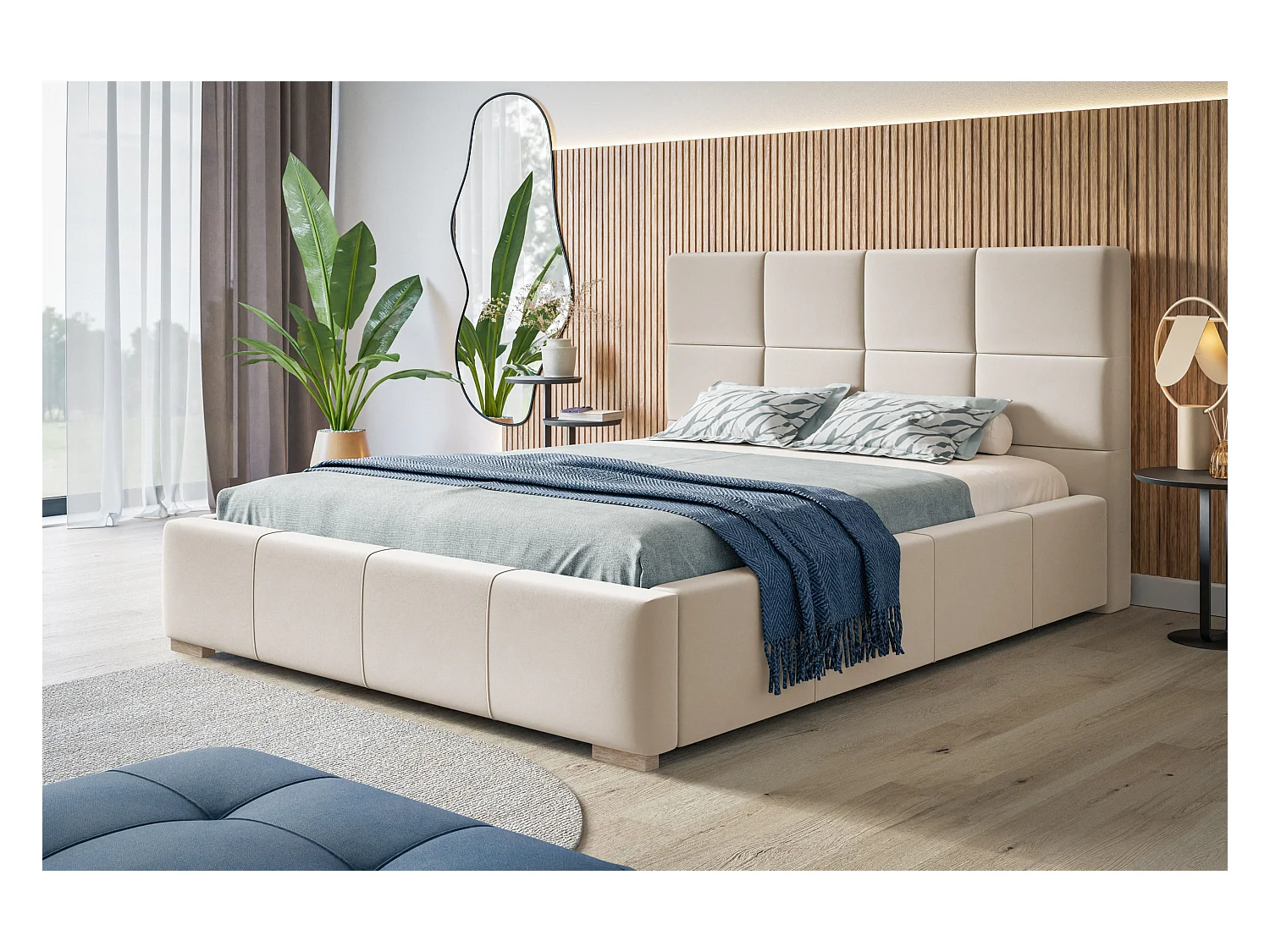 Lit rembourré Rom avec tête de lit, 140x200 cm, lit double avec coffre de rangement et sommier à lattes en bois, tissu velours, couleur : sable