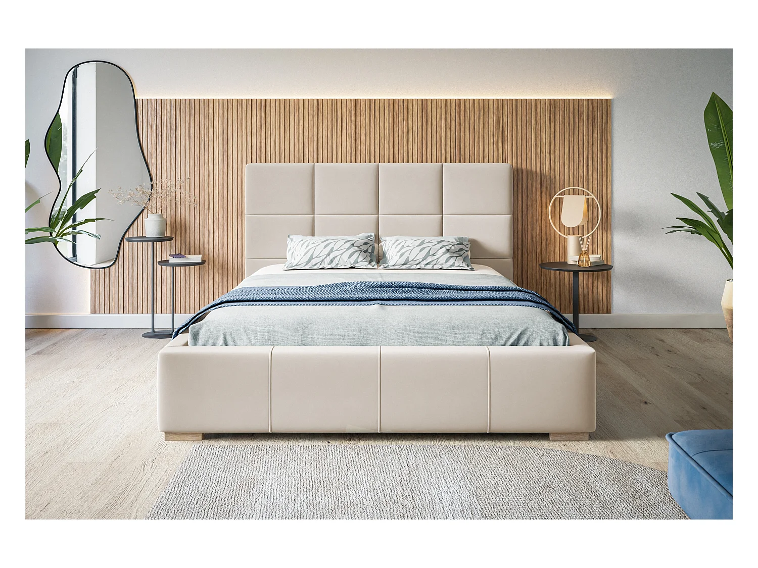 Lit rembourré Rom avec tête de lit, 140x200 cm, lit double avec coffre de rangement et sommier à lattes en bois, tissu velours, couleur : sable