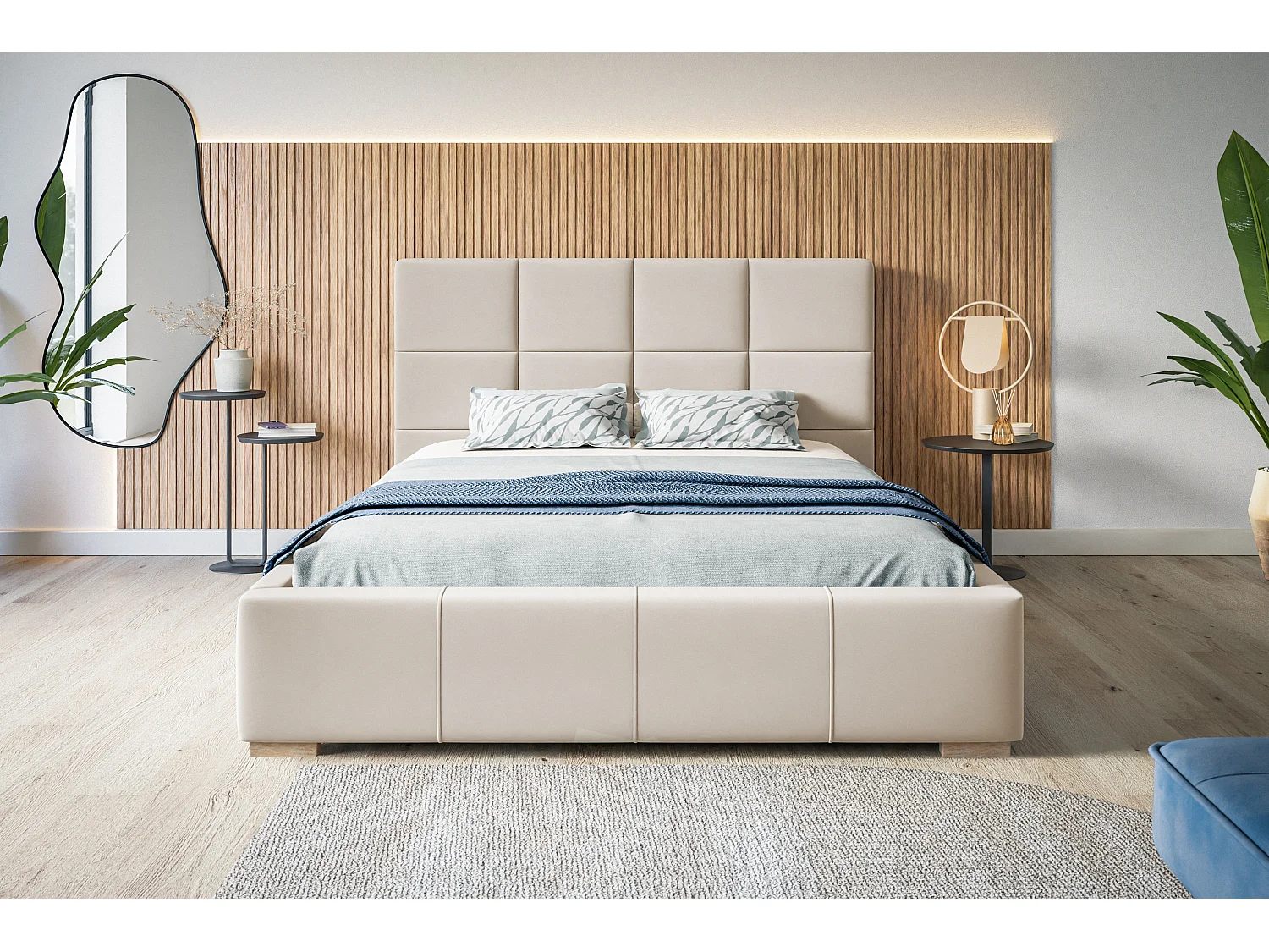 Lit rembourré Rom avec tête de lit, 140x200 cm,  avec coffre de rangement et sommier à lattes en bois, tissu velours, couleur: sable