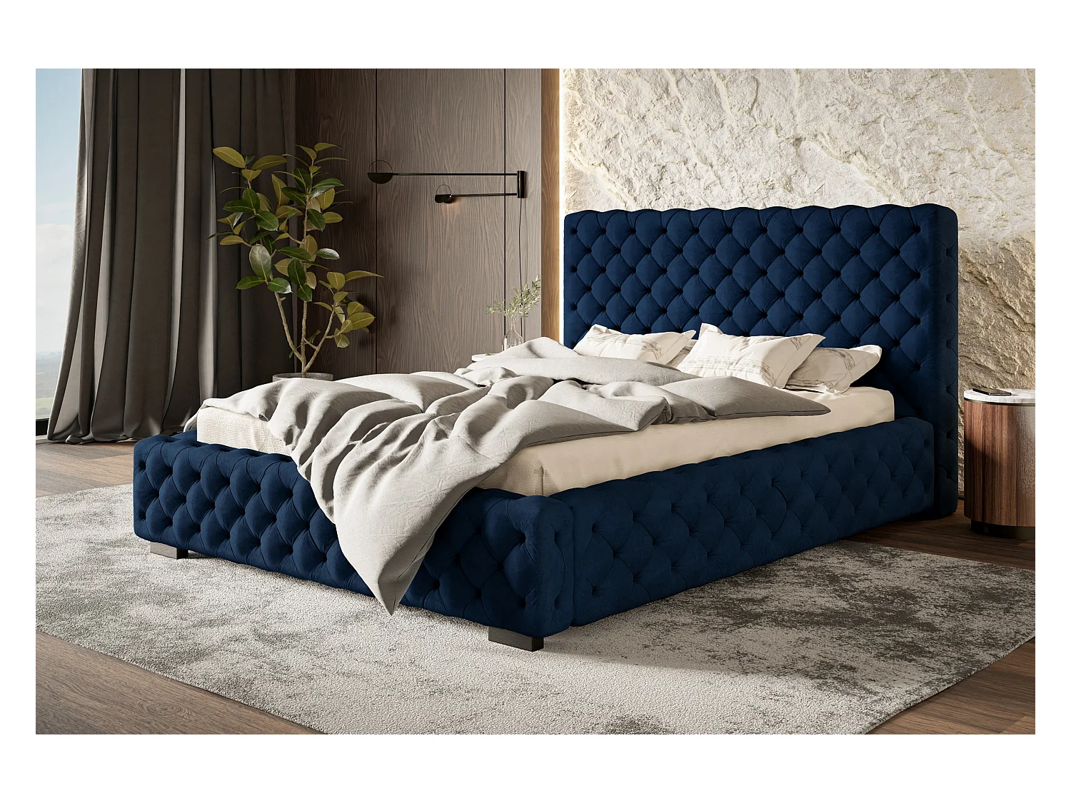 Lit rembourré Miami avec tête de lit, 140x200 cm, lit double avec coffre de rangement et sommier à lattes en bois, tissu velours, couleur : gris