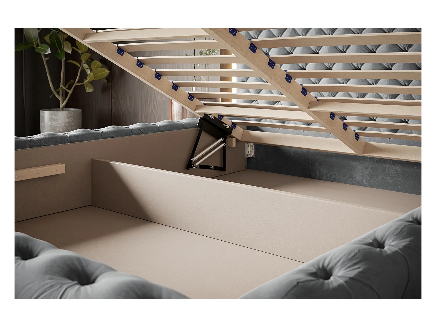 Lit rembourré Miami avec tête de lit, 140x200 cm, lit double avec coffre de rangement et sommier à lattes en bois, tissu velours, couleur : gris