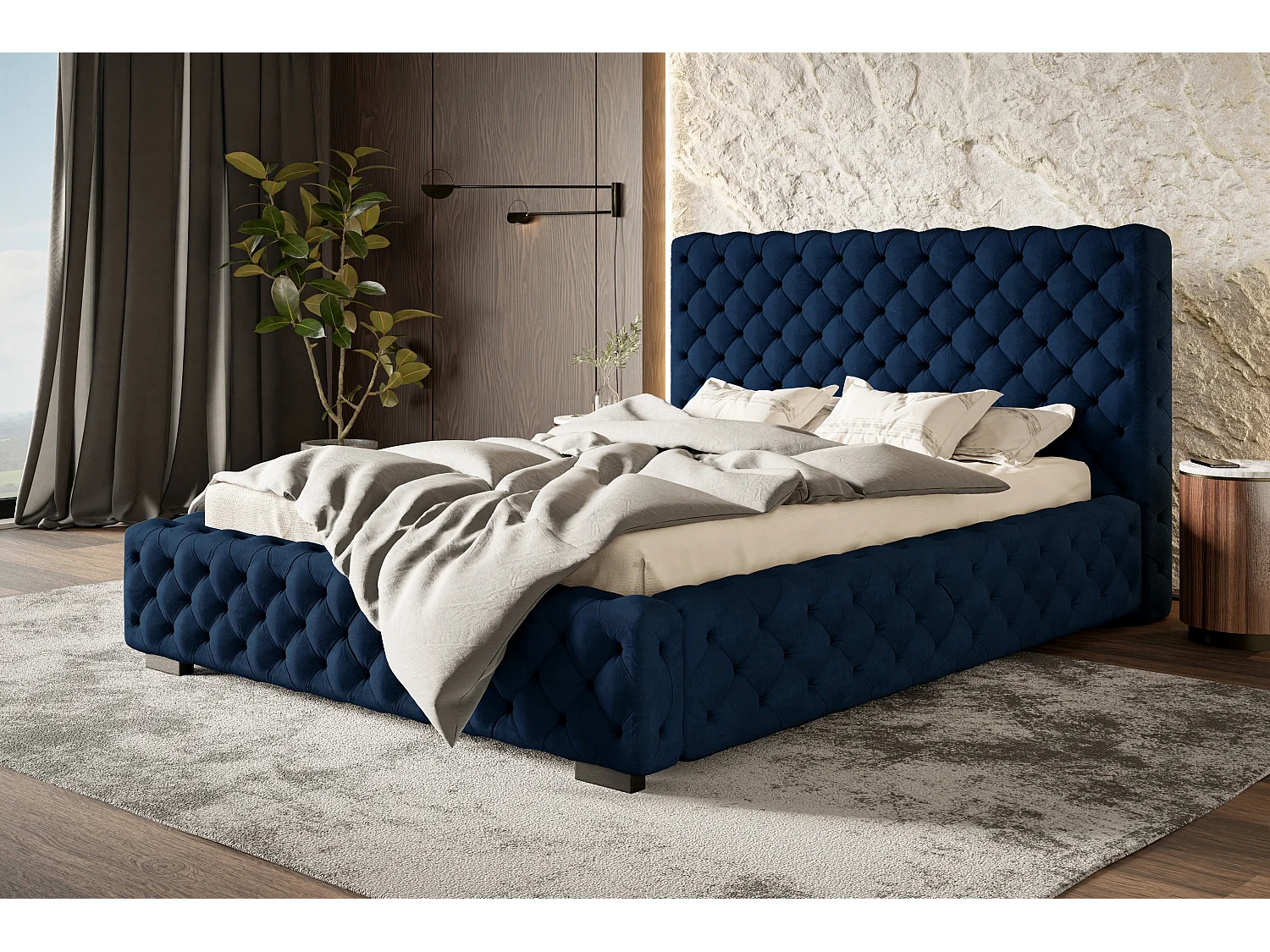 Lit rembourré Miami avec tête de lit, 140x200 cm, lit double avec coffre de rangement et sommier à lattes en bois, tissu velours, couleur : gris