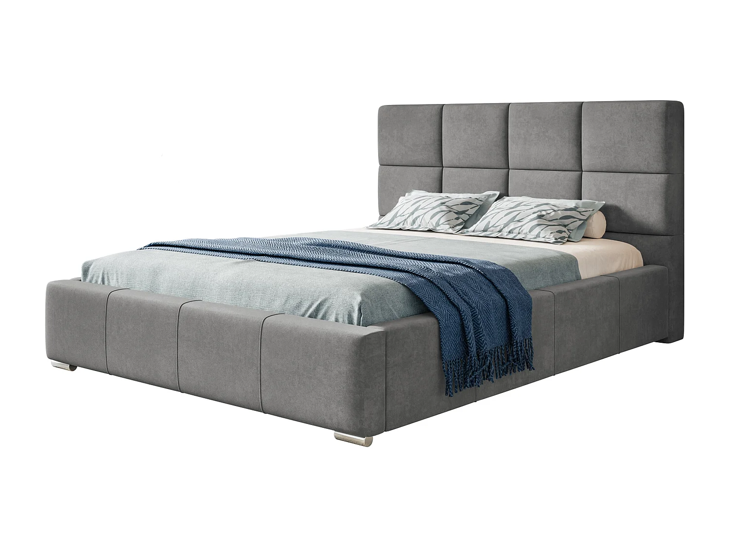 Lit rembourré Rom avec tête de lit, 180x200 cm, lit double avec coffre de rangement et sommier à lattes en bois, tissu velours, couleur : gris