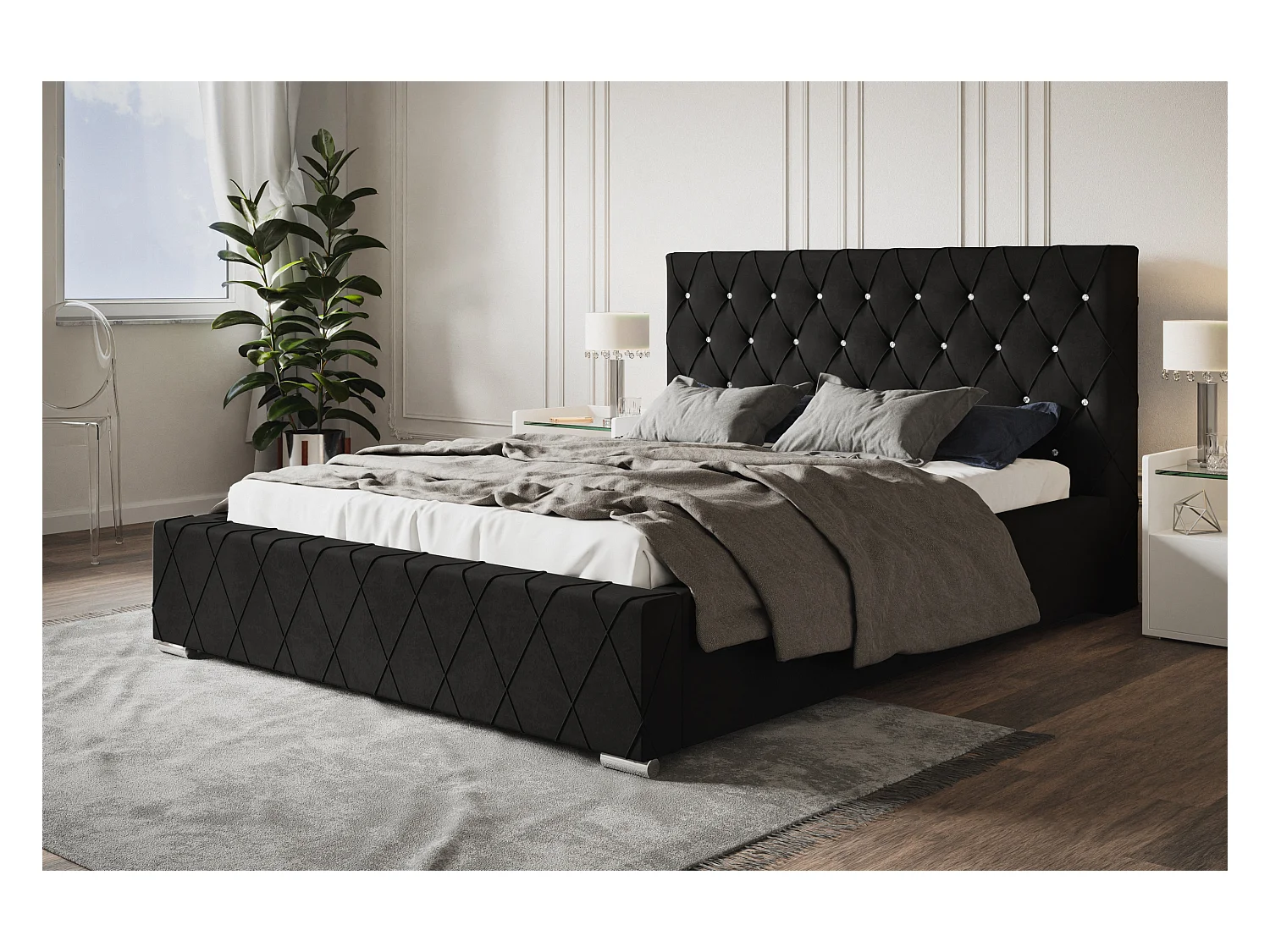 Lit rembourré Berlin avec tête de lit, 140x200 cm, lit double avec coffre de rangement et sommier à lattes en bois, tissu velours, couleur : noir