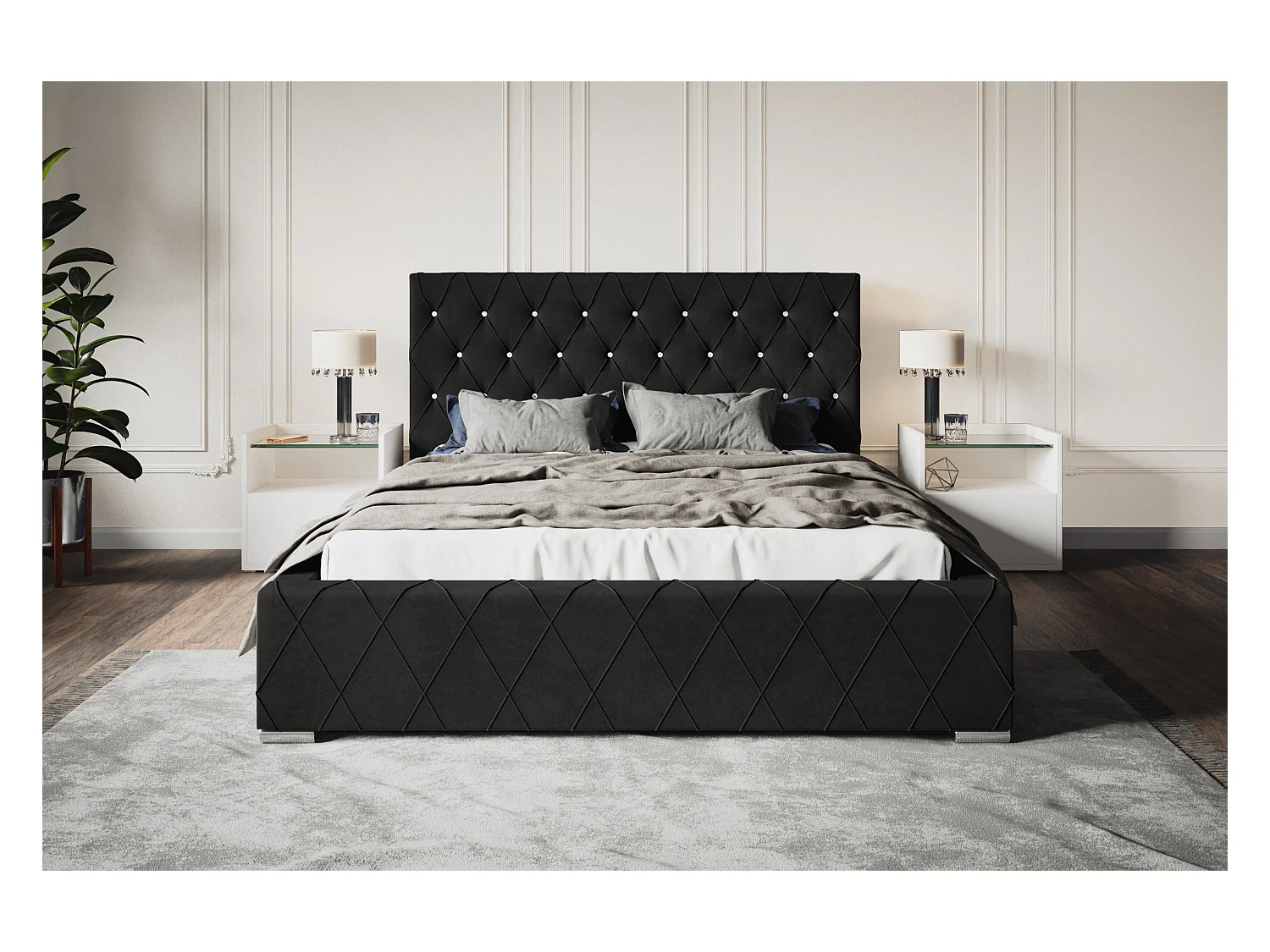 Lit rembourré Berlin avec tête de lit, 140x200 cm, lit double avec coffre de rangement et sommier à lattes en bois, tissu velours, couleur : noir