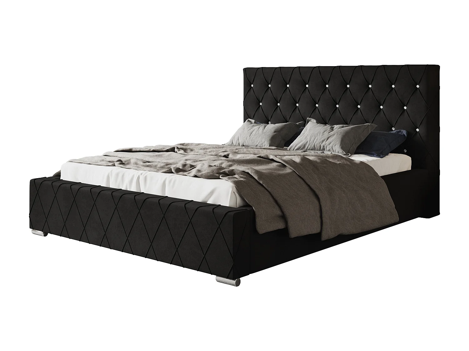 Lit rembourré Berlin avec tête de lit, 140x200 cm,  avec coffre de rangement et sommier à lattes en bois, tissu velours, couleur: noir