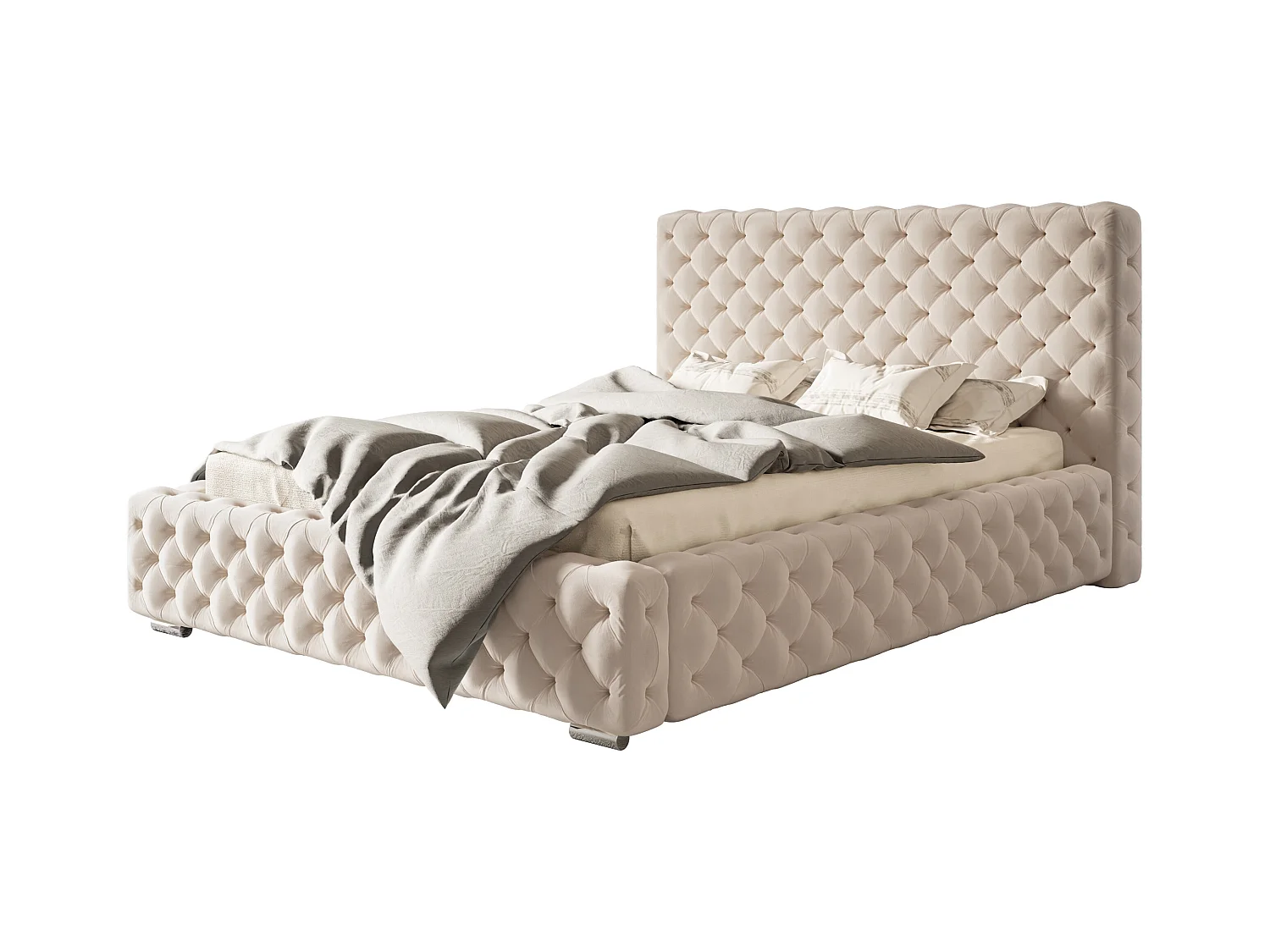 Lit rembourré Miami avec tête de lit, 140x200 cm, lit double avec coffre de rangement et sommier à lattes en bois, tissu velours, couleur : beige