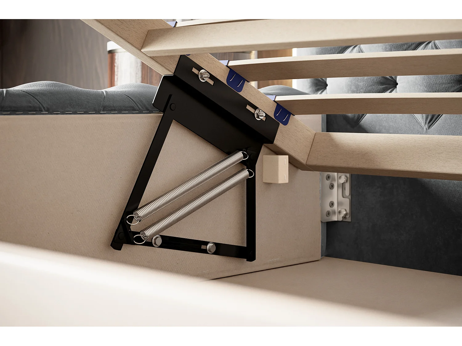 Lit rembourré Miami avec tête de lit, 140x200 cm, lit double avec coffre de rangement et sommier à lattes en bois, tissu velours, couleur : beige