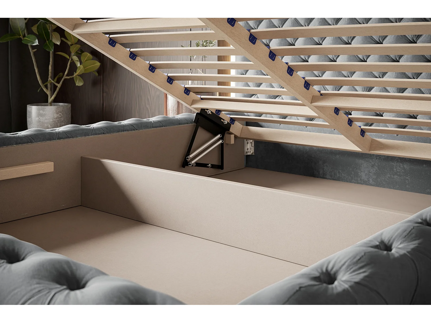 Lit rembourré Miami avec tête de lit, 140x200 cm,  avec coffre de rangement et sommier à lattes en bois, tissu velours, couleur: beige