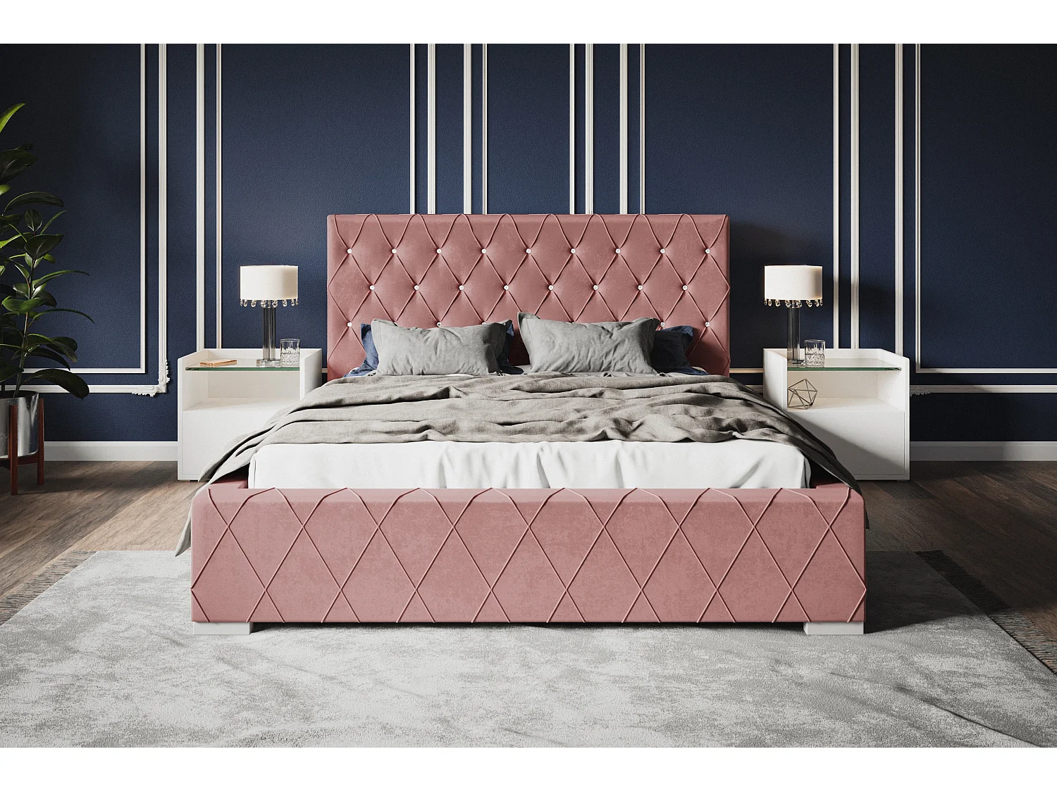 Lit rembourré Berlin avec tête de lit, 120x200 cm,  avec coffre de rangement et sommier à lattes en bois, tissu velours, couleur: rose