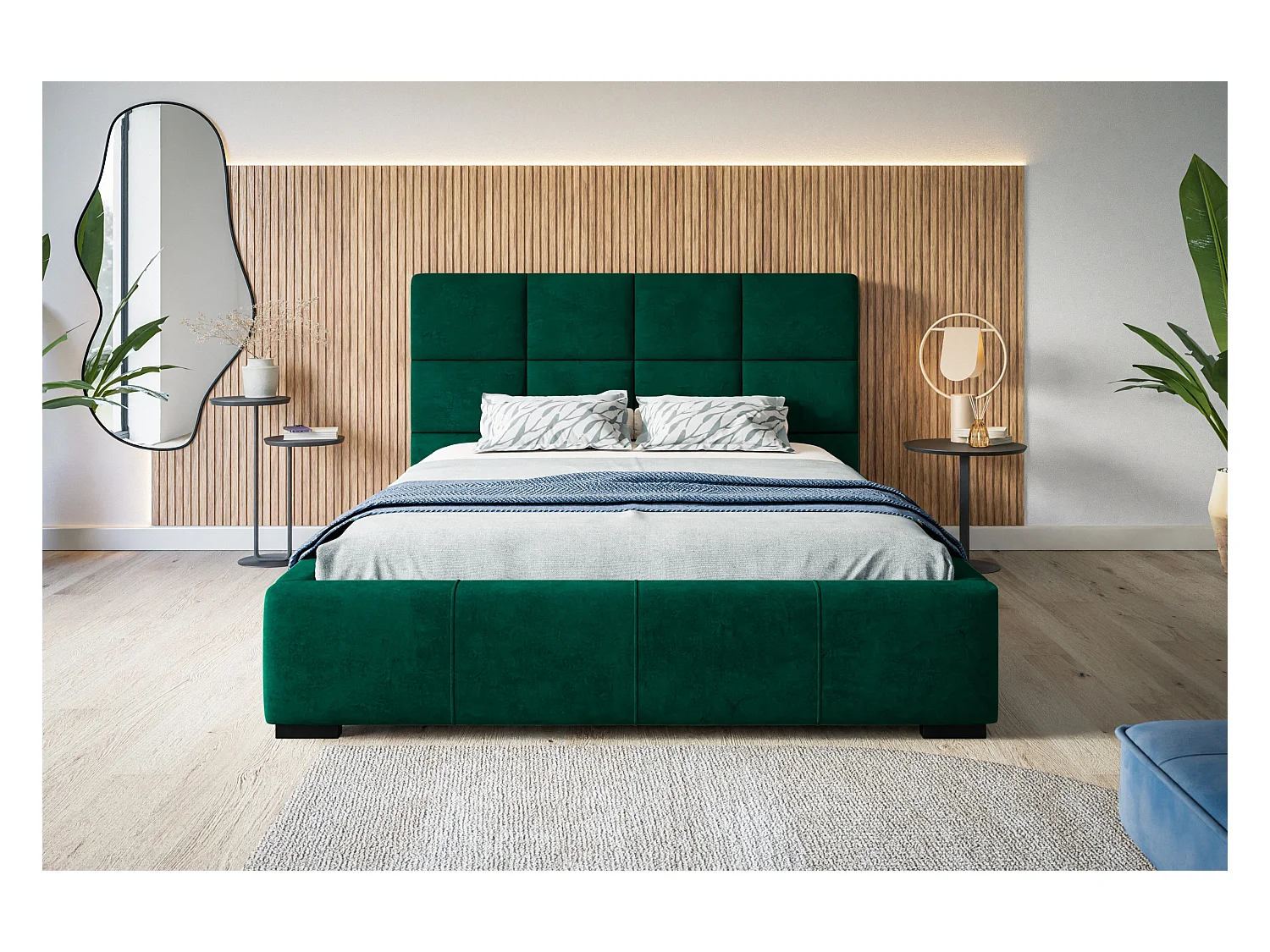 Lit rembourré Rom avec tête de lit, 180x200 cm, lit double avec coffre de rangement et sommier à lattes en bois, tissu velours, couleur : vert