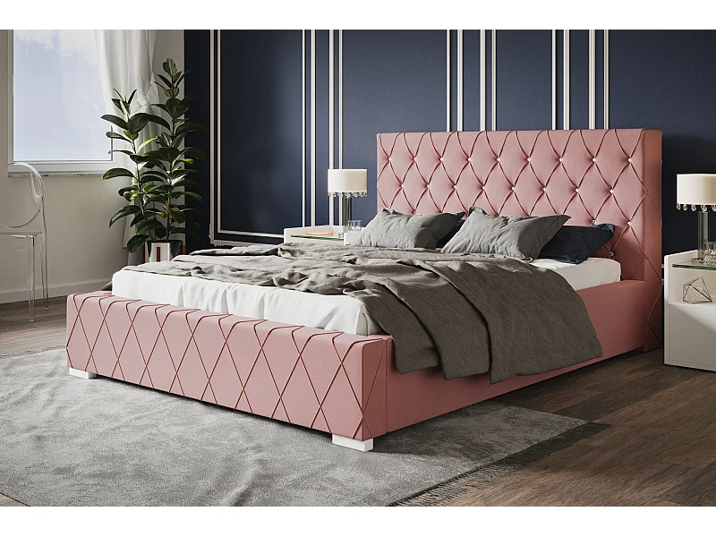 Lit rembourré Berlin avec tête de lit, 180 x 200 cm, lit double avec coffre de rangement et sommier à lattes en bois, tissu velours, couleur : rose