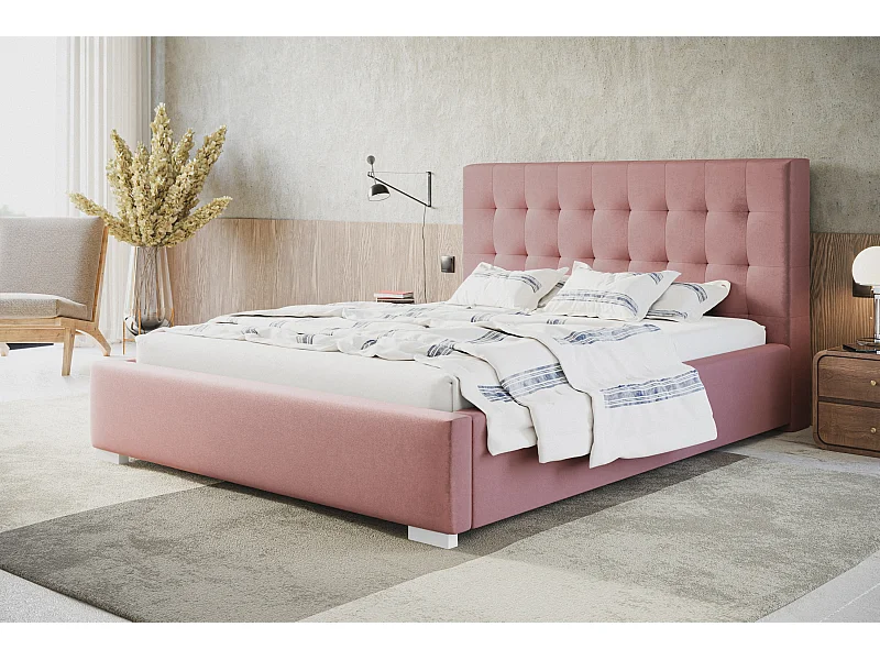 Lit rembourré RIO avec tête de lit, 160x200 cm, lit double avec coffre de rangement et sommier à lattes en bois, tissu velours, couleur : rose