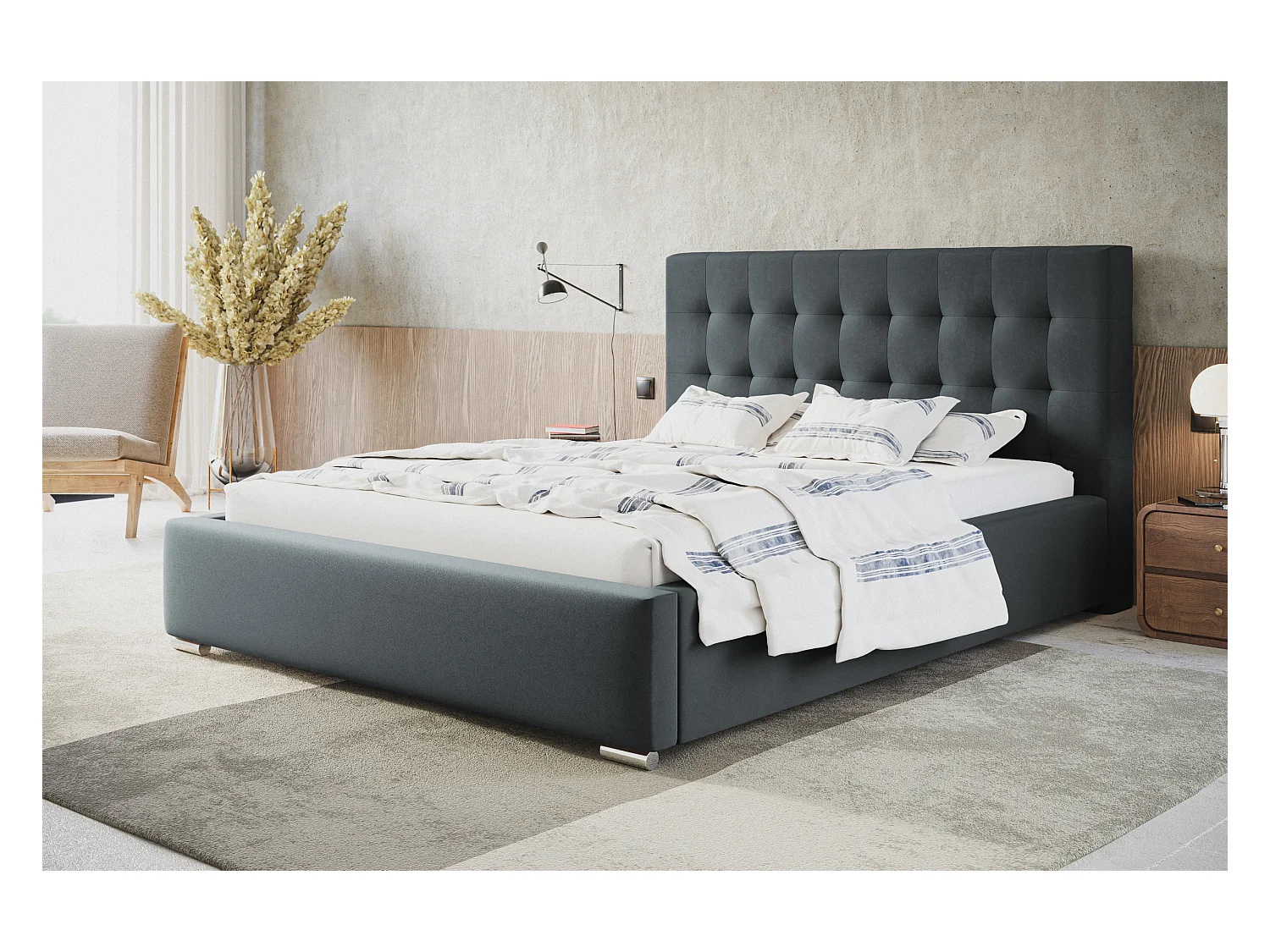 Lit rembourré RIO avec tête de lit, 160x200 cm, lit double avec coffre de rangement et sommier à lattes en bois, tissu velours, couleur : gris foncé