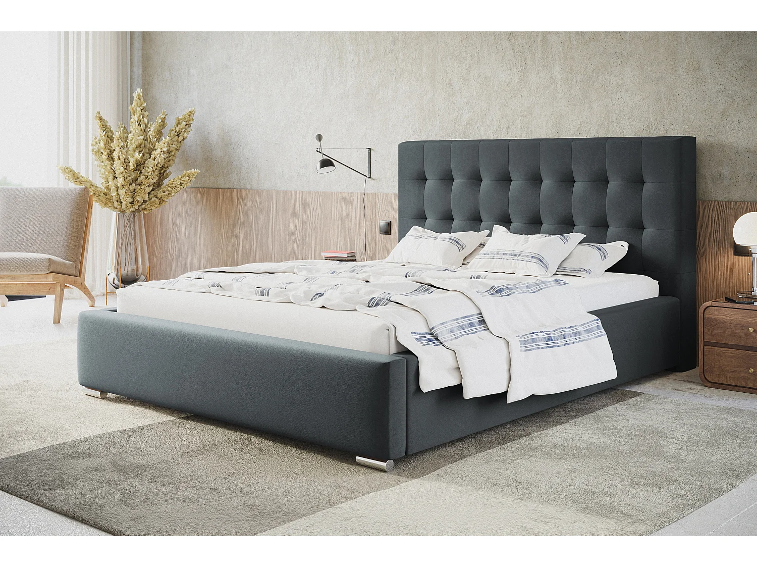 Lit rembourré RIO avec tête de lit, 160x200 cm,  avec coffre de rangement et sommier à lattes en bois, tissu velours, couleur: gris foncé